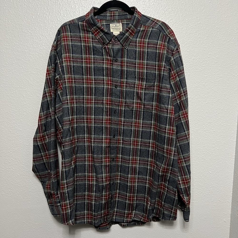 L.L.Bean Plaid‎ Mens XL Flannel Long Sleeve Shirt Traditional Fit Red Gray Green